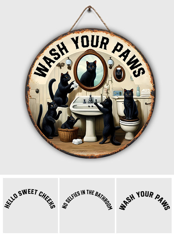 Wash Your Paws - Personalized Black Cat Round Wood Sign