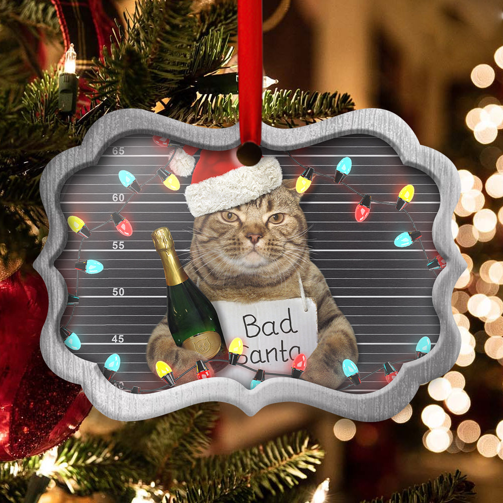Christmas Cat Bad Santa Champagne And Santa Hat - Cat Ornament (Printed On Both Sides) 1022