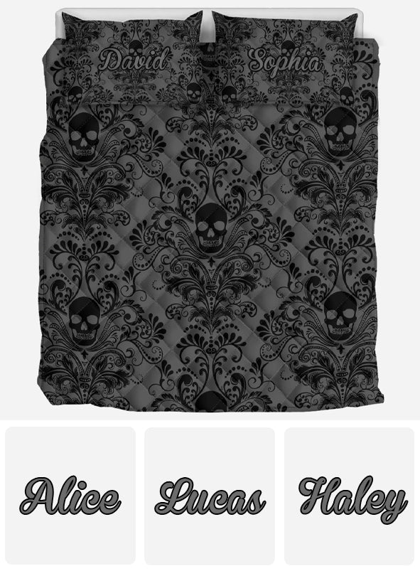 Black & Gray Floral Skull - Personalized Skull Quilt Set