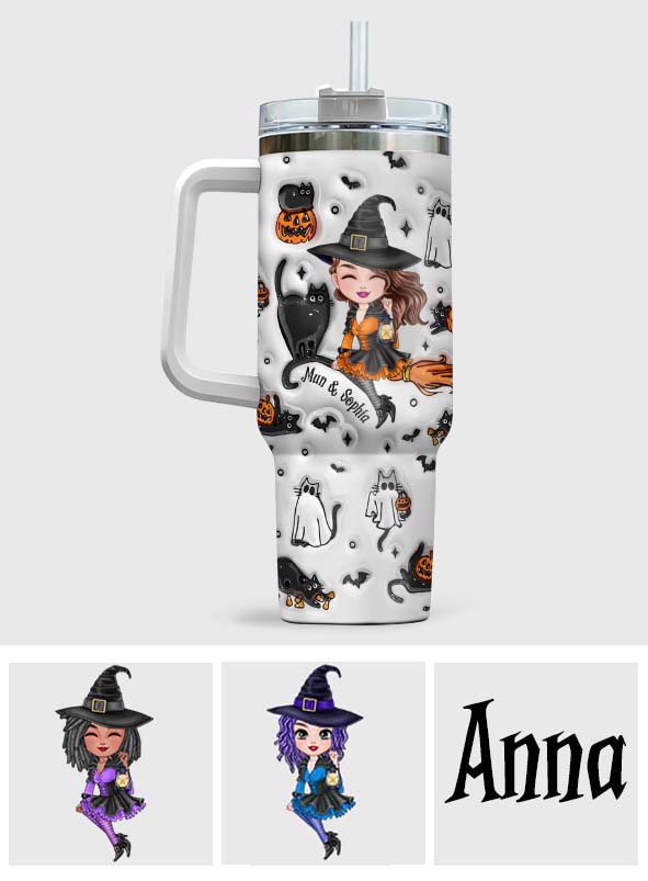 Cute Witch Halloween Ghost Boo Cat - Personalized Witch Tumbler With Handle