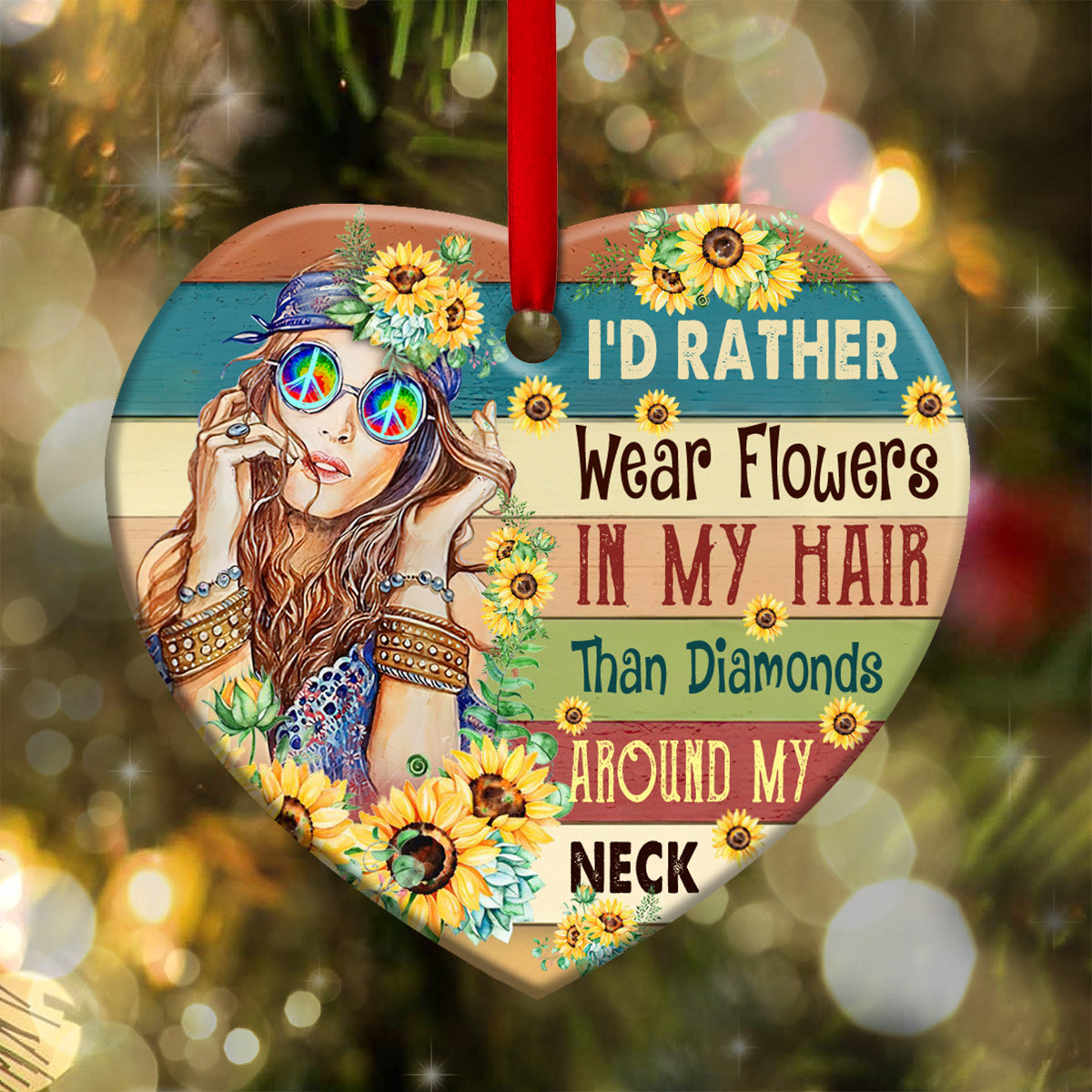 Hippie I'd Rather Wear Flowers Hippie - Heart Aluminium Ornament (Printed On Both Sides) 1122