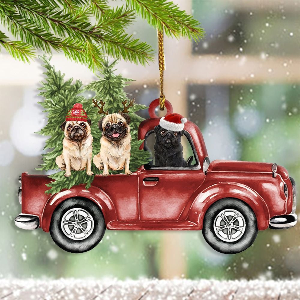 Pugs On Red Truck - Dog Ornament (Printed On Both Sides) 1122