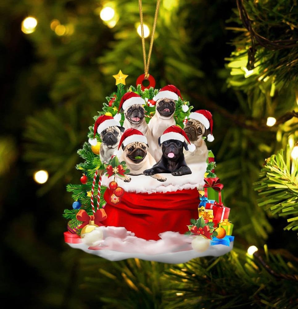 Pugs In A Gift Bag - Dog Ornament (Printed On Both Sides) 1122