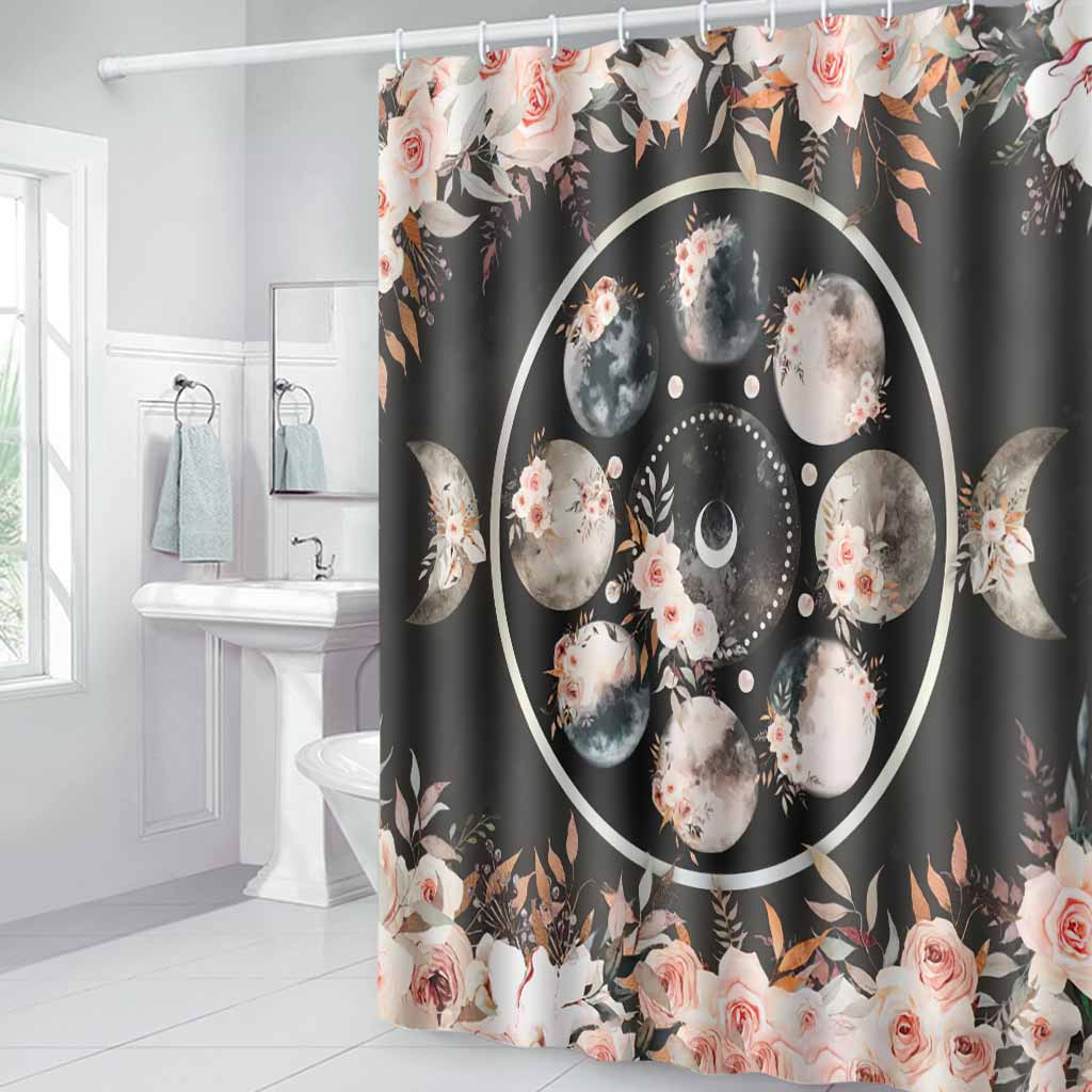 Floral Moon Triple Moon Goddess - Witch Bathroom Curtain & Mats Set