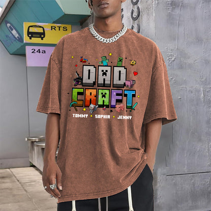 Father's Day Gift For Gamer Dadcraft - Personalized Block World Wash T-Shirt