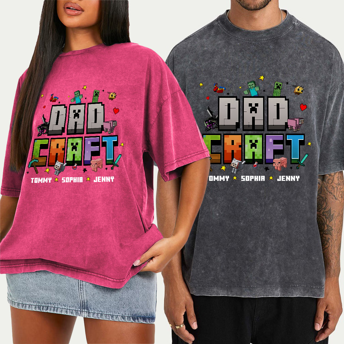 Father's Day Gift For Gamer Dadcraft - Personalized Block World Wash T-Shirt