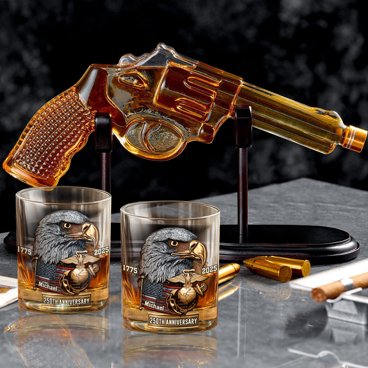 250th Anniversary - Personalized Veteran Gun Decanter With Whiskey Glass