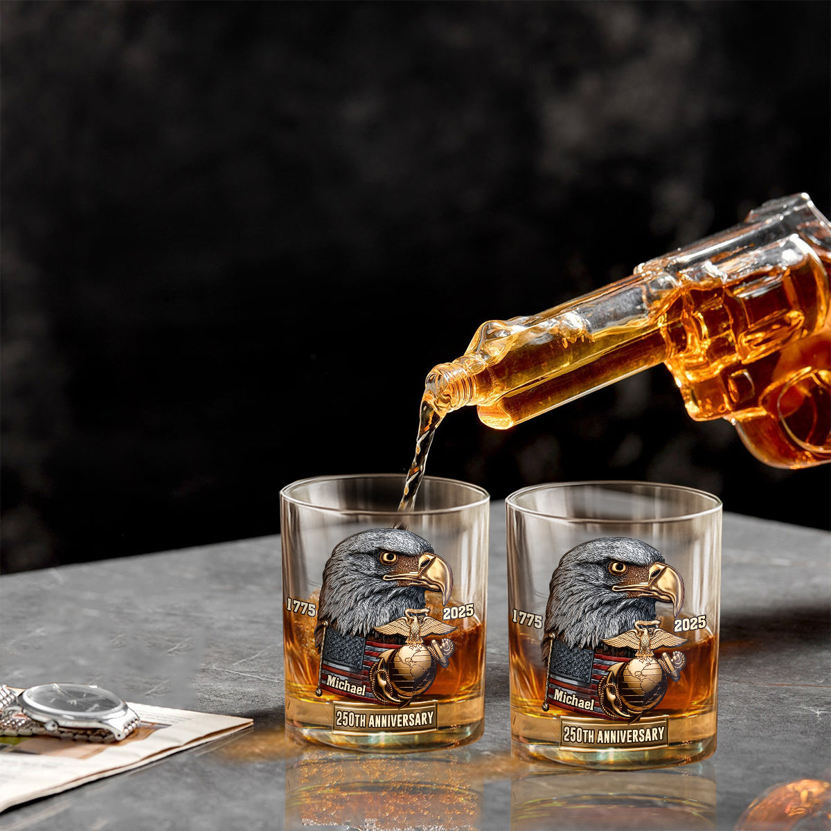 250th Anniversary - Personalized Veteran Gun Decanter With Whiskey Glass