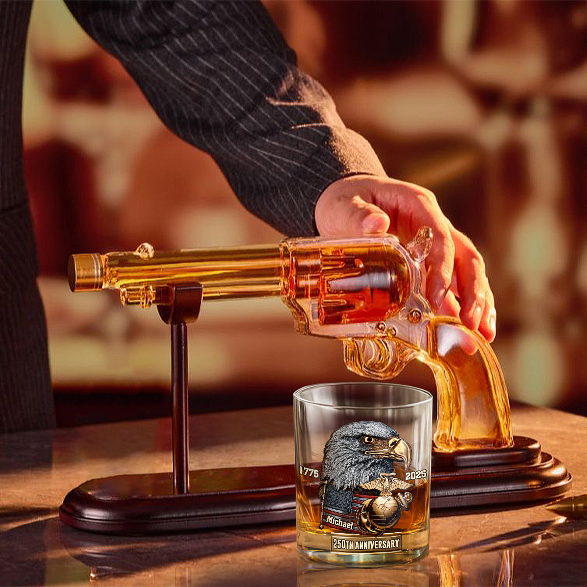 250th Anniversary - Personalized Veteran Gun Decanter With Whiskey Glass