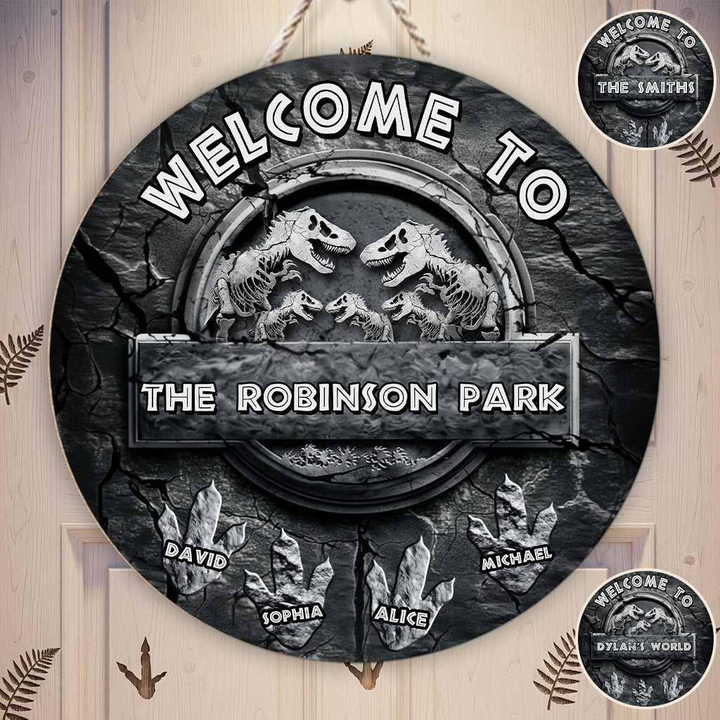 Welcome To Our Dinosaur Park - Personalized Dinosaur Round Wood Sign