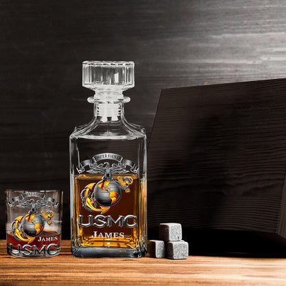 USMC, Marines, EGA, Eagle Globe Anchor, Marine Corps Gift - Personalized Veteran Whiskey Decanter Set