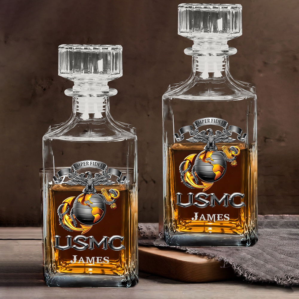 USMC, Marines, EGA, Eagle Globe Anchor, Marine Corps Gift - Personalized Veteran Whiskey Decanter Set