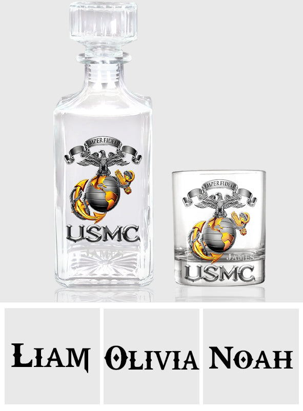 USMC, Marines, EGA, Eagle Globe Anchor, Marine Corps Gift - Personalized Veteran Whiskey Decanter Set