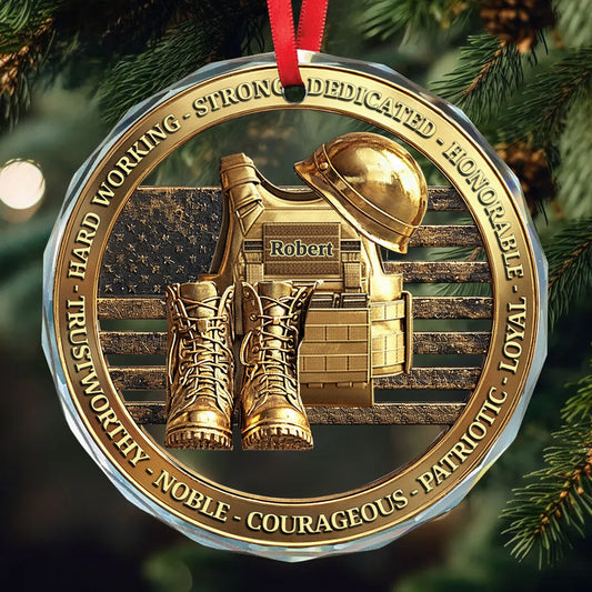 Veteran Soldier Backpack Boots Military - Personalized Veteran Round Shaped Glass Ornament