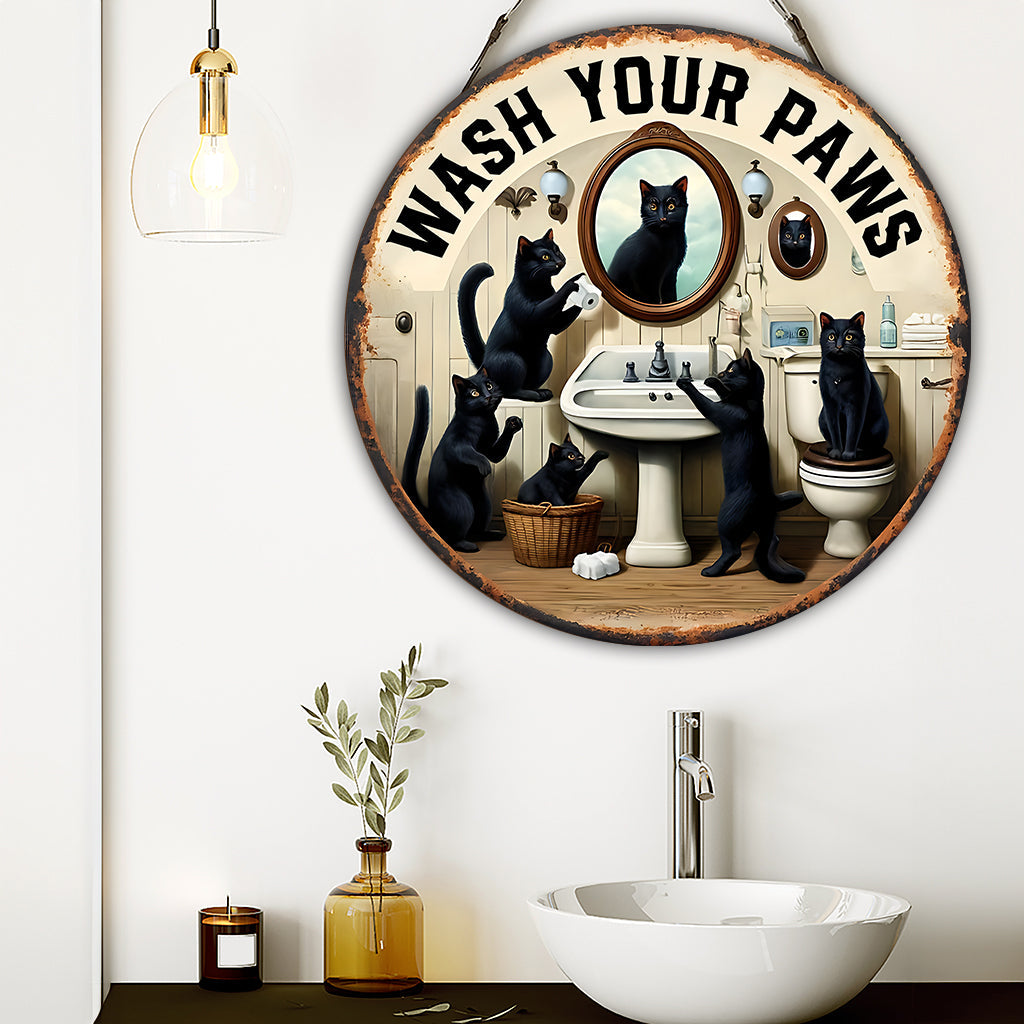 Wash Your Paws - Personalized Black Cat Round Wood Sign
