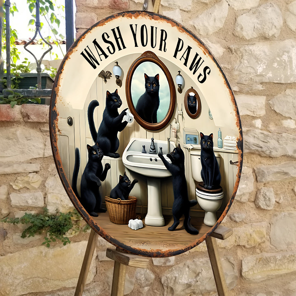 Wash Your Paws - Personalized Black Cat Round Wood Sign