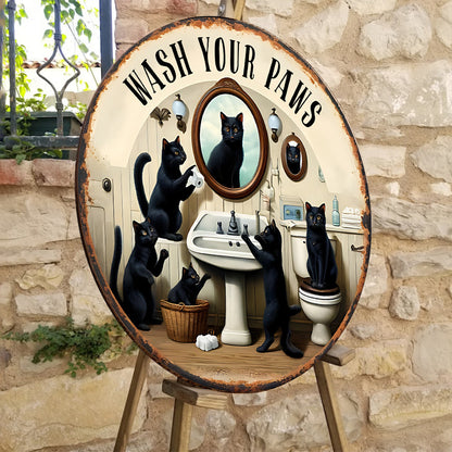 Wash Your Paws - Personalized Black Cat Round Wood Sign