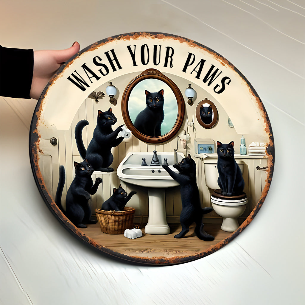 Wash Your Paws - Personalized Black Cat Round Wood Sign
