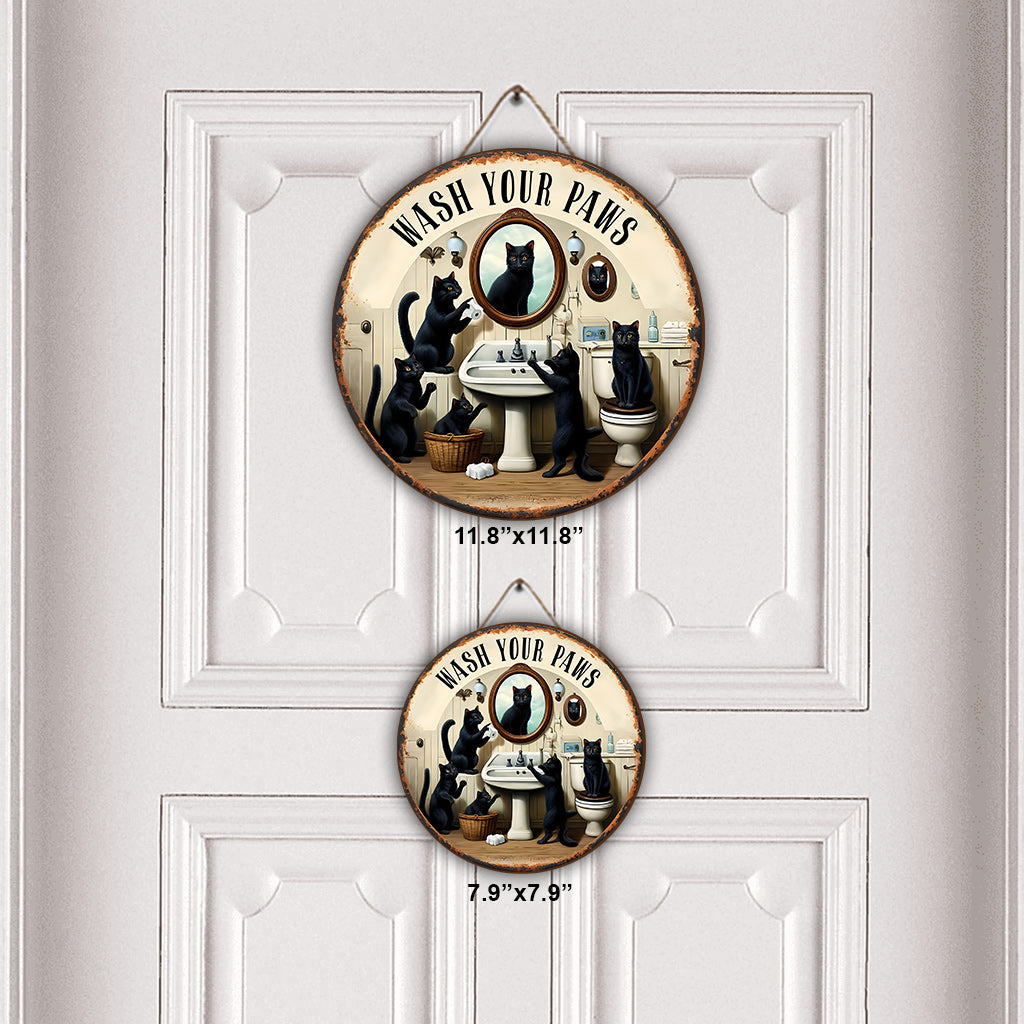 Wash Your Paws - Personalized Black Cat Round Wood Sign