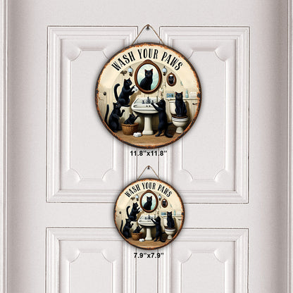 Wash Your Paws - Personalized Black Cat Round Wood Sign