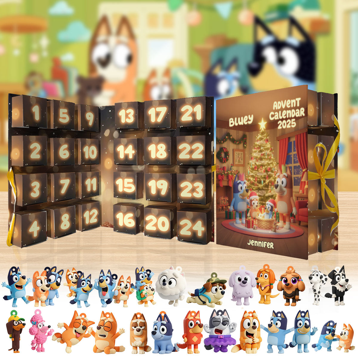 Rocking Around The Christmas Tree - Personalized Bluey Folded Advent Calendar With Ornaments