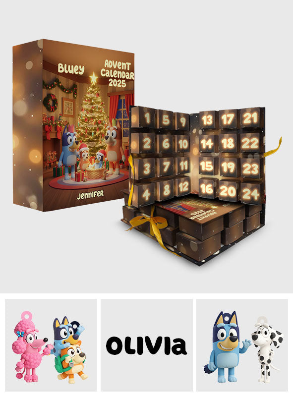 Rocking Around The Christmas Tree - Personalized Bluey Folded Advent Calendar With Ornaments