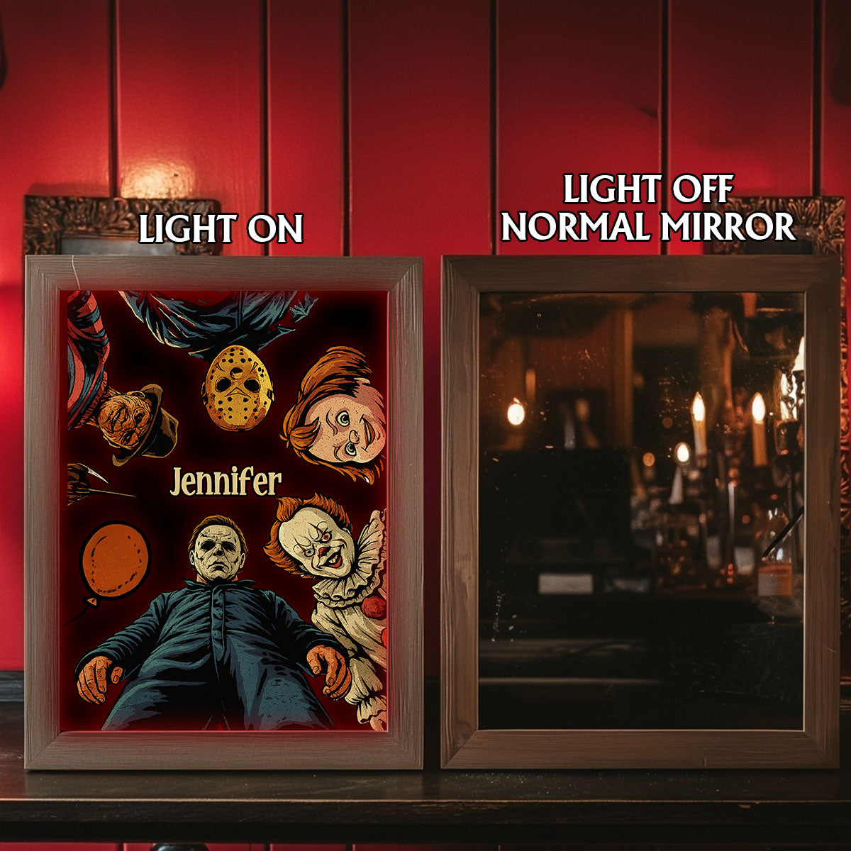 Love Horror Movies - Personalized Horror Character Wooden Mirror Night Light