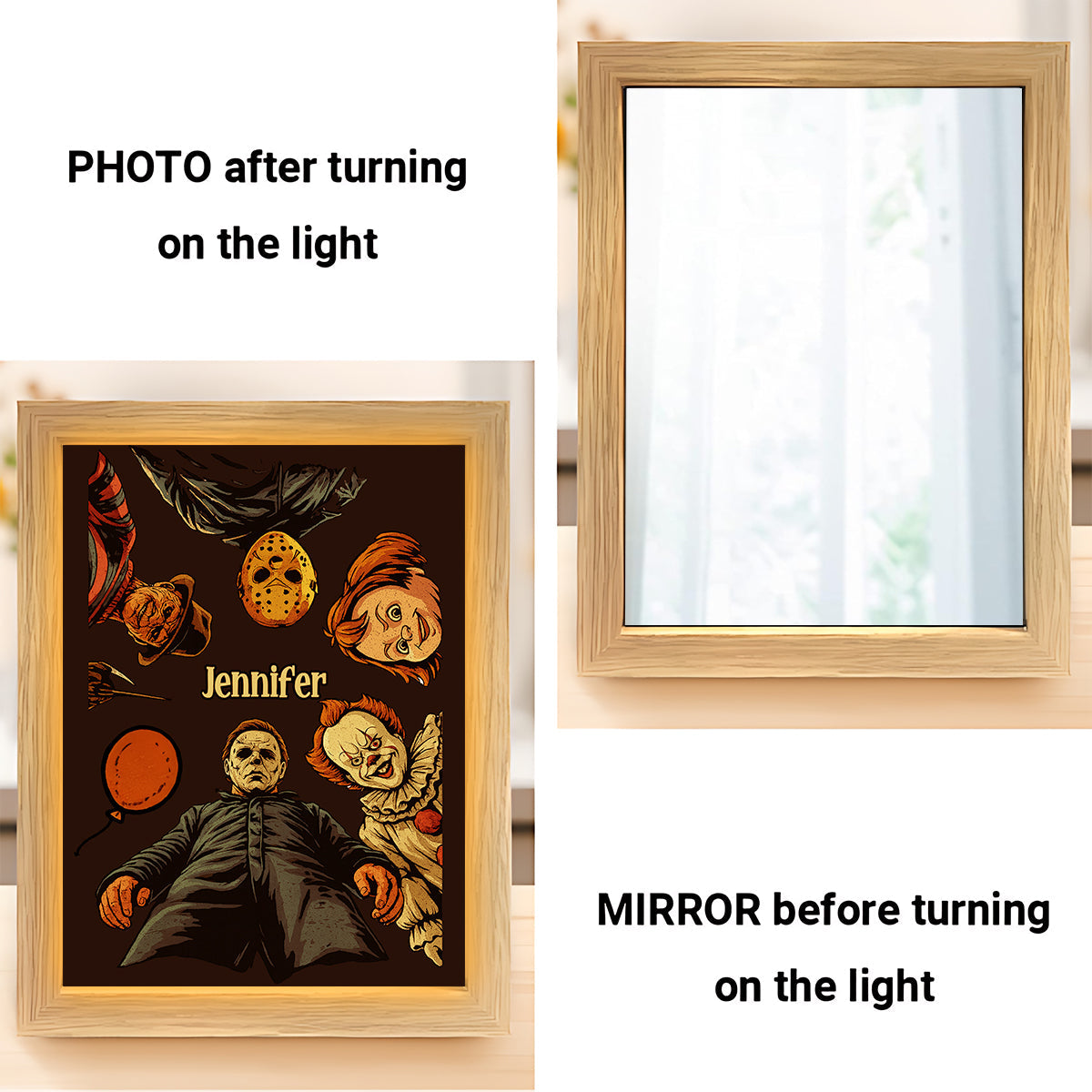 Love Horror Movies - Personalized Horror Character Wooden Mirror Night Light