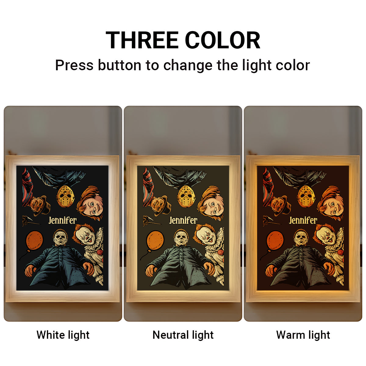 Love Horror Movies - Personalized Horror Character Wooden Mirror Night Light