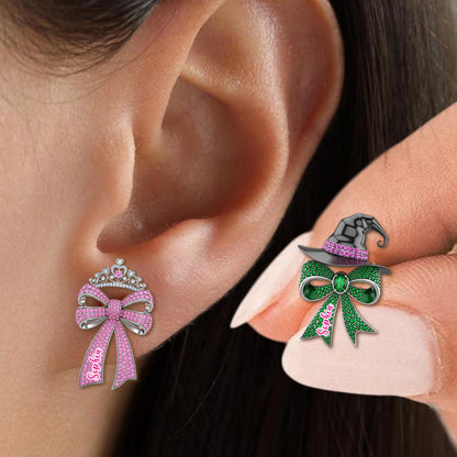 Pink And Green Bow - Personalized Green and Pink Stud Earrings