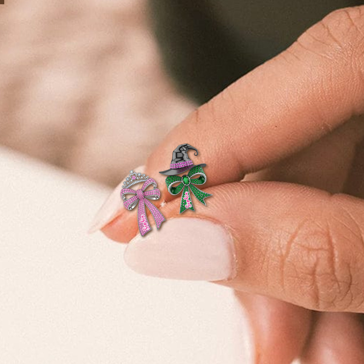 Pink And Green Bow - Personalized Green and Pink Stud Earrings