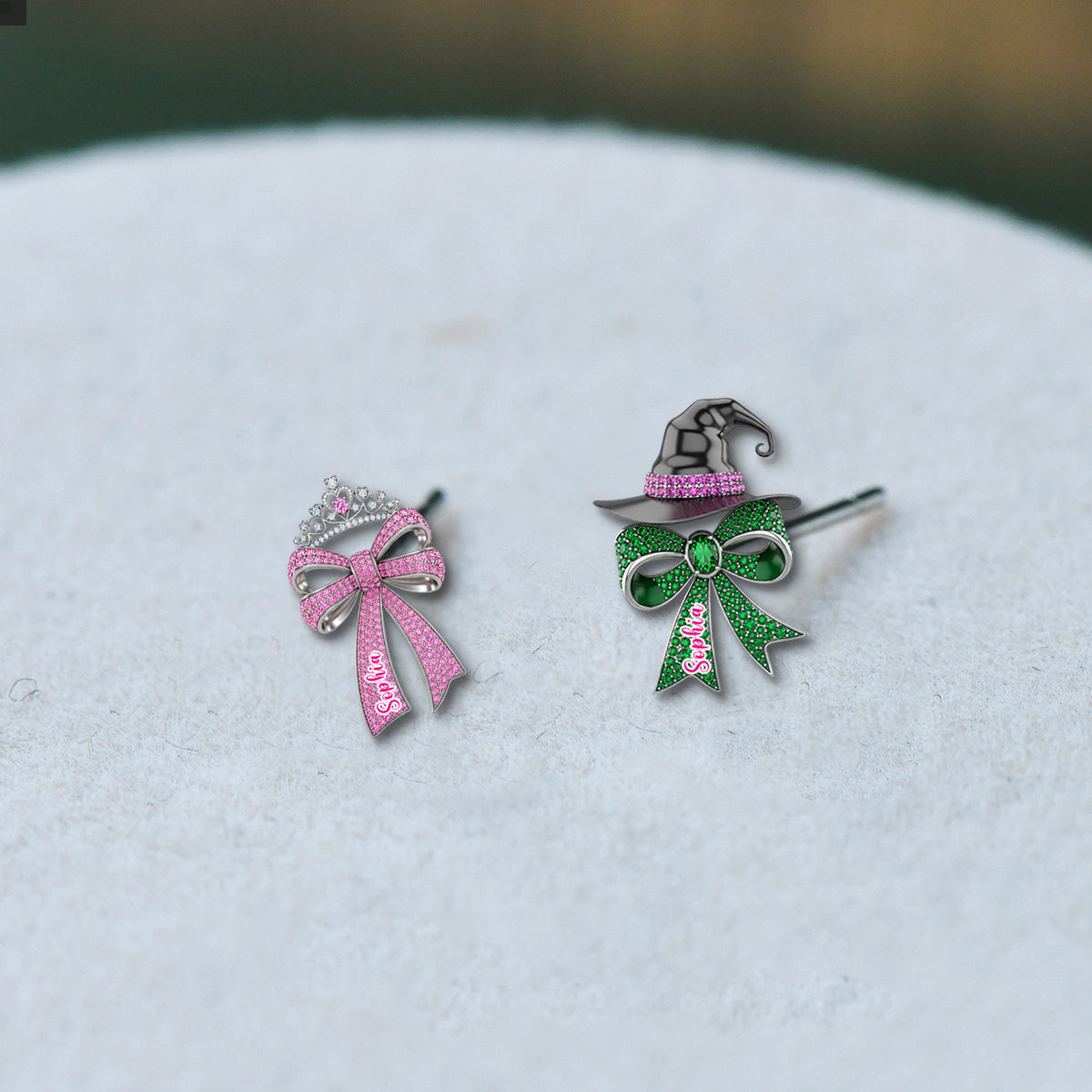 Pink And Green Bow - Personalized Green and Pink Stud Earrings