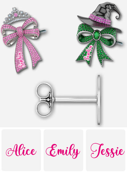 Pink And Green Bow - Personalized Green and Pink Stud Earrings