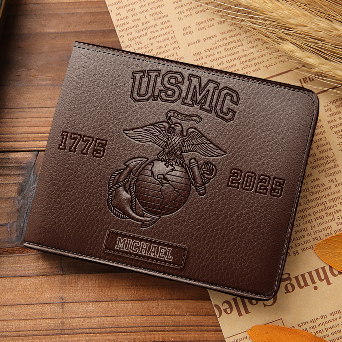 USMC 250th Anniversary - Personalized Veteran Leather Wallet