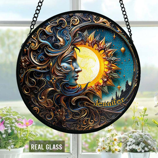 Live By The Sun Love By The Moon - Personalized Hippie Stained Glass Suncatcher