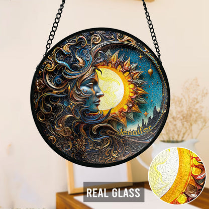Live By The Sun Love By The Moon - Personalized Hippie Stained Glass Suncatcher