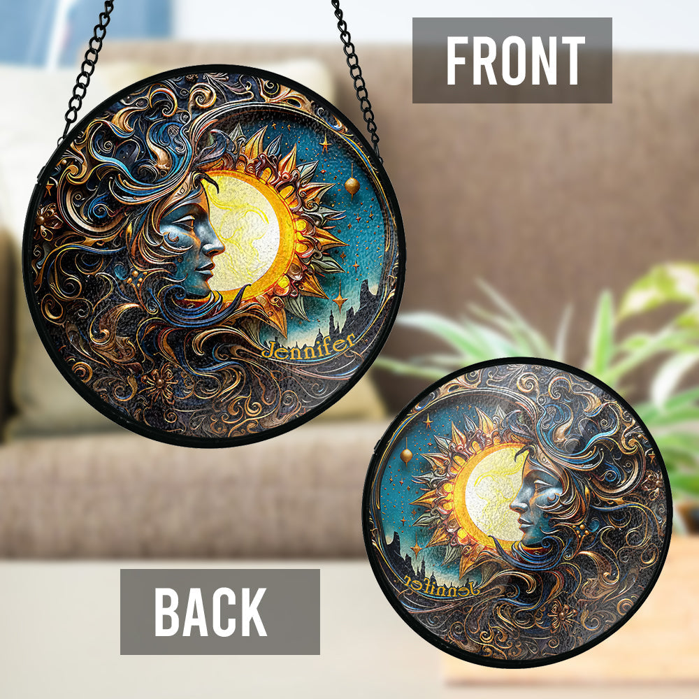 Live By The Sun Love By The Moon - Personalized Hippie Stained Glass Suncatcher