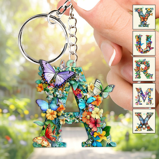 Flowers And Butterflies Letter - Personalized Butterfly Keychain