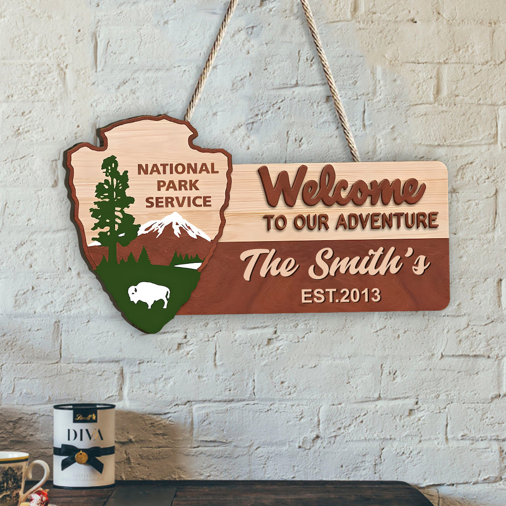 Welcome To Our Adventure - Personalized Hiking Custom Shaped Wood Sign