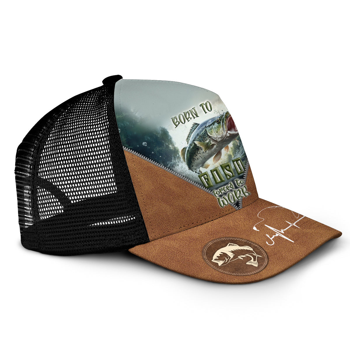 Born To Fish Forced To Work - Personalized Fishing Trucker Hat (Black Mesh)
