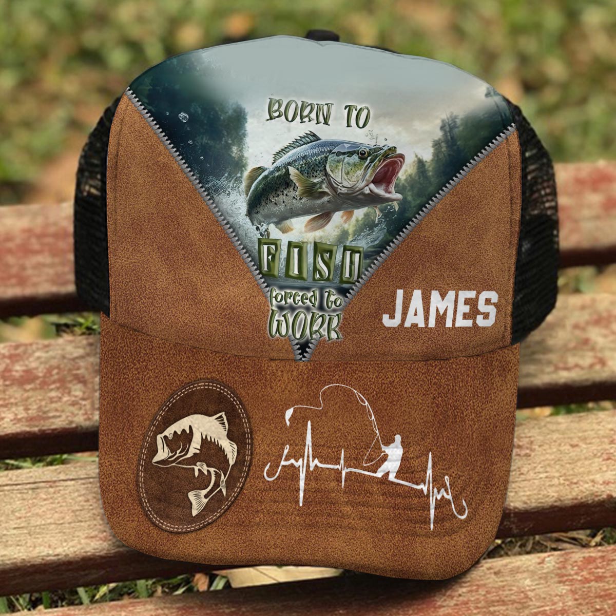 Born To Fish Forced To Work - Personalized Fishing Trucker Hat (Black Mesh)