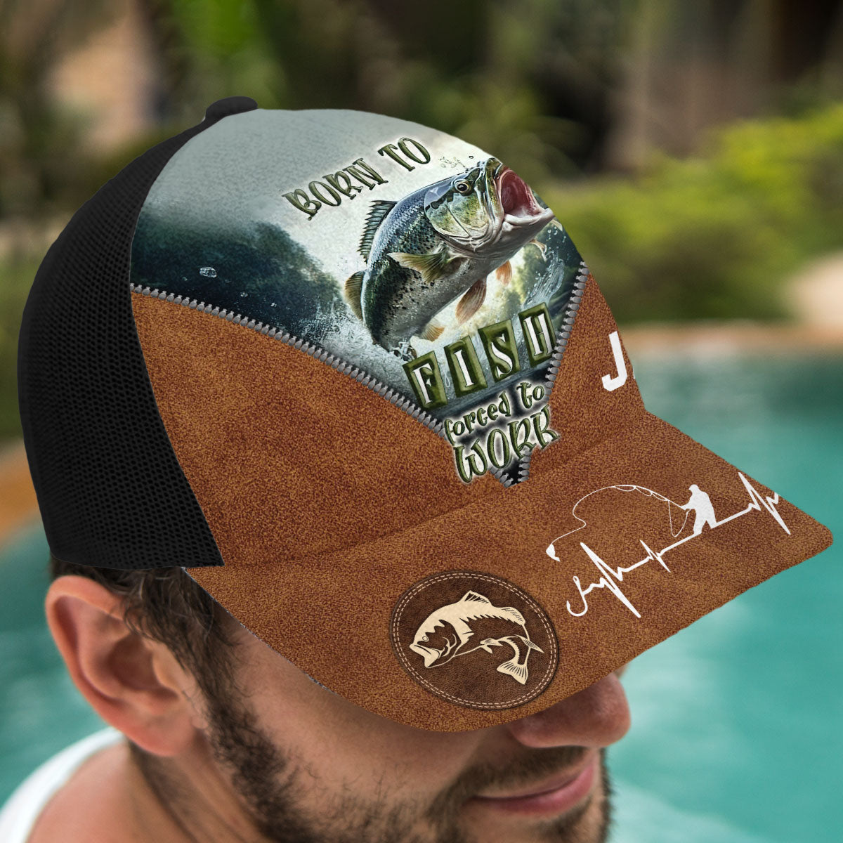 Born To Fish Forced To Work - Personalized Fishing Trucker Hat (Black Mesh)