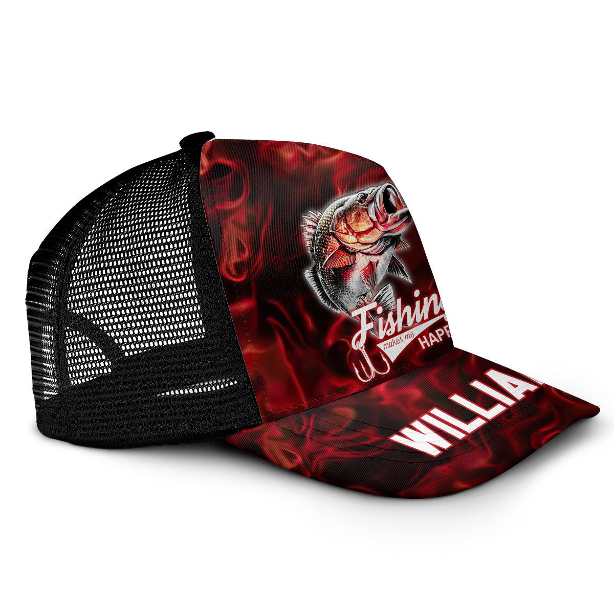 Fishing Makes Me Happy - Personalized Fishing Trucker Hat (Black Mesh)
