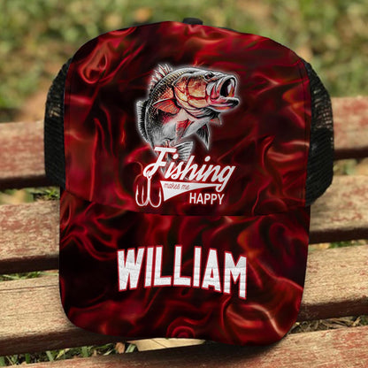 Fishing Makes Me Happy - Personalized Fishing Trucker Hat (Black Mesh)