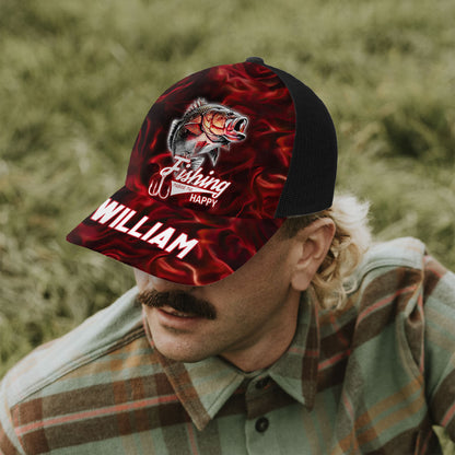 Fishing Makes Me Happy - Personalized Fishing Trucker Hat (Black Mesh)