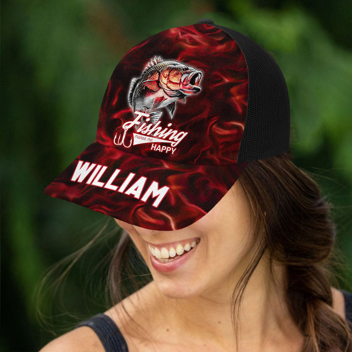 Fishing Makes Me Happy - Personalized Fishing Trucker Hat (Black Mesh)