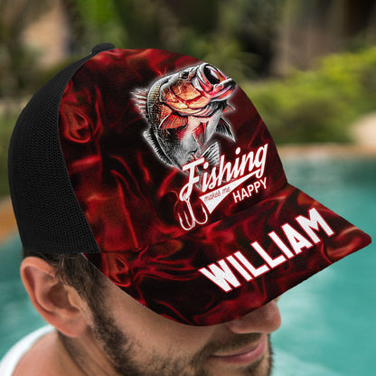 Fishing Makes Me Happy - Personalized Fishing Trucker Hat (Black Mesh)