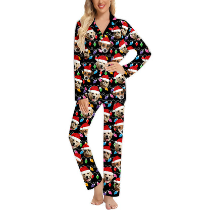 Any Photo Upload Colorful Christmas Light - Personalized Dog Button Down Pajamas