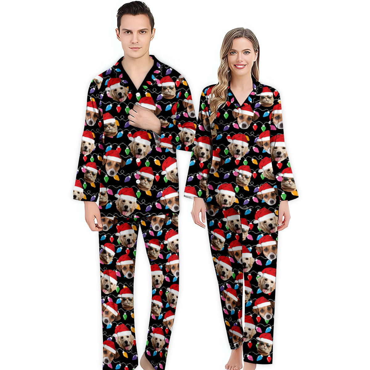 Any Photo Upload Colorful Christmas Light - Personalized Dog Button Down Pajamas