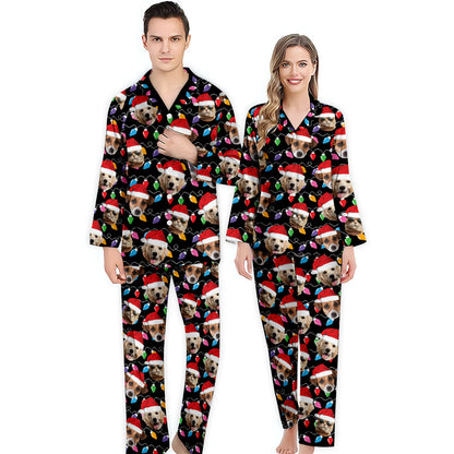 Any Photo Upload Colorful Christmas Light - Personalized Dog Button Down Pajamas